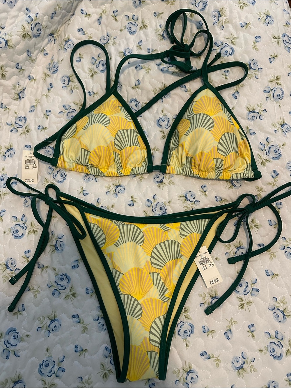 aerie Yellow and Dark Green Scallop-Print Triangle Bikini